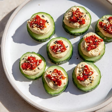 Quick Hummus and Cucumber Bites: Vibrant, creamy hummus piled on cool cucumber, perfect finger food.