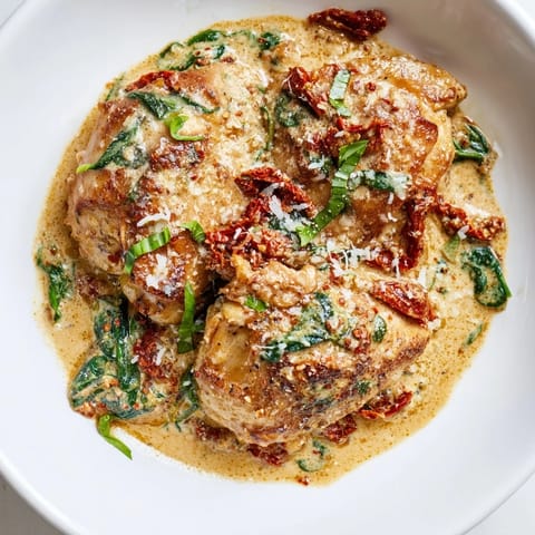 Sizzling Creamy Sun-Dried Tomato Chicken Skillet: golden chicken, submerged in a savory, creamy sauce.