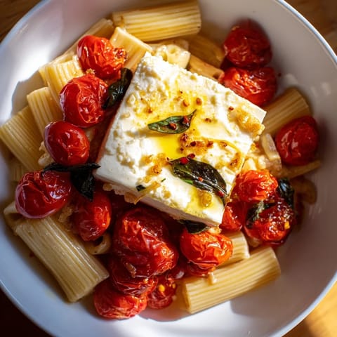 Creamy baked feta 2.0 with pasta, hot honey, and red pepper flakes creates a sweet & spicy flavor.