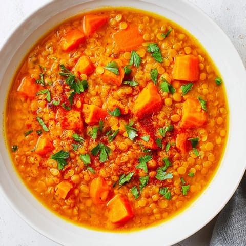 Close-up of vibrant Spiced Carrot Lentil Soup, showcasing tender carrots and a rich, spiced broth for dinner.