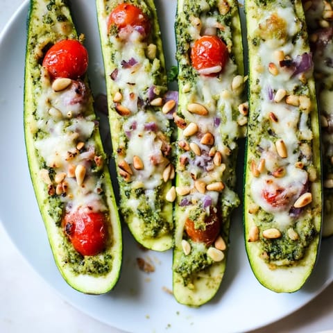 Cheesy Pesto Zucchini Boats