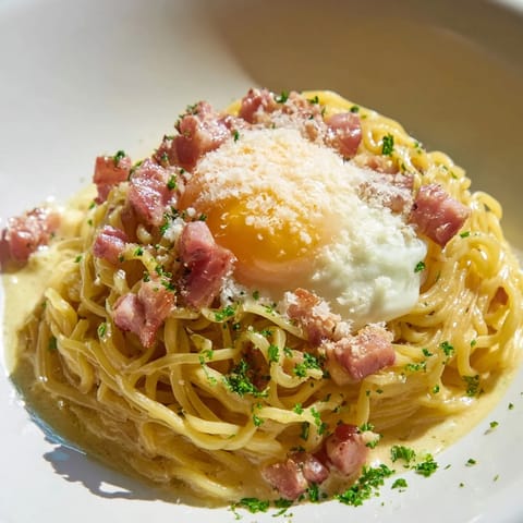 Indulgent Ramen Carbonara Hack: rich, cheesy noodles with bacon crumbles, looking so delicious near a fork.
