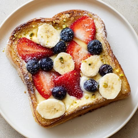 Creamy, sweet yogurt custard filling baked into Viral Yogurt Toast with beautiful berries and banana slices.