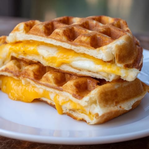 Perfectly pressed Waffle Grilled Cheese sandwiches, golden brown and ready to be devoured with tomato soup.