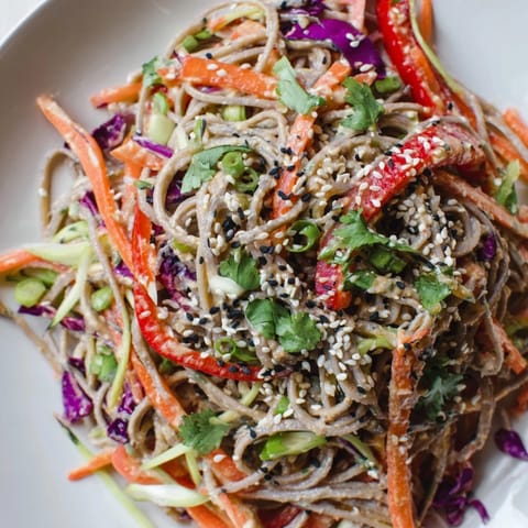 Cool, refreshing Japanese-inspired soba noodle salad, tossed with a peanut-sesame dressing.