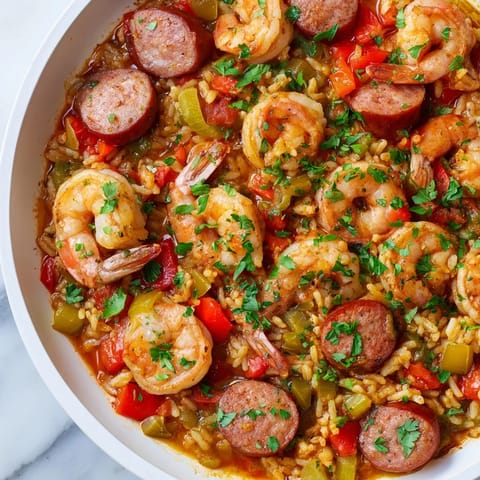 This vibrant photo shows a delicious Jambalaya Skillet, loaded with tender shrimp and savory sausage.