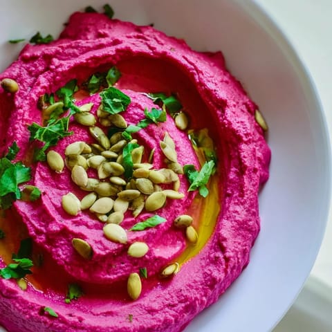 Creamy roasted beet hummus dip with pita bread and colorful raw vegetables like cucumber and carrots for an easy vegan snack.  