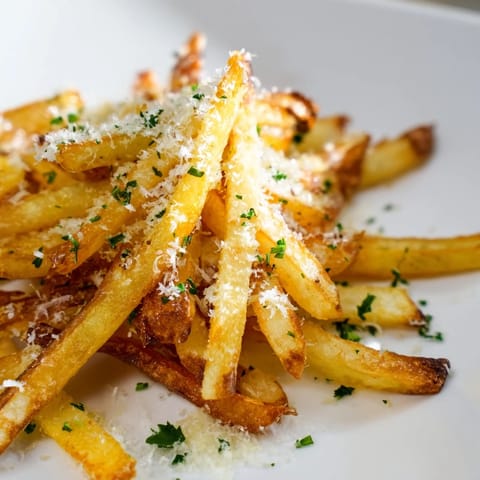 Crispy baked Truffle Parmesan Fries served warm in a rustic bowl, ready for dipping into garlic aioli.