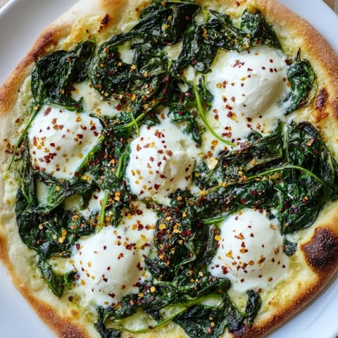 Golden Spinach Ricotta Pizza slices rest on a wooden board, highlighting melted mozzarella, fragrant garlic butter, and vibrant green spinach.  