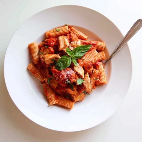 This tomato basil chicken pasta is served in a white bowl, with steam rising from the warm, colorful sauce and garnished with extra fresh basil.