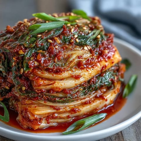 Freshly made kimchi with julienned daikon and scallions, packed tightly in a jar for that classic Korean side dish.