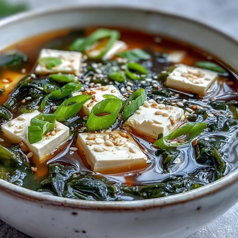 A close-up of Wakame Soup in a rustic bowl, showcasing tender seaweed, silken tofu, and a savory miso broth.