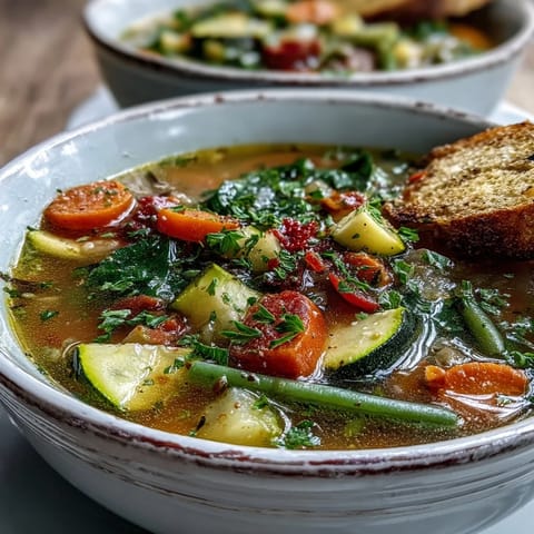 Savory Italian Herb Vegetable Soup bubbling in a pot, garnished with fresh parsley and spinach.