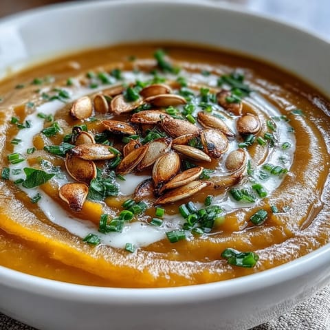 Silky acorn squash soup ladled into white bowls, topped with toasted seeds and a cream drizzle.