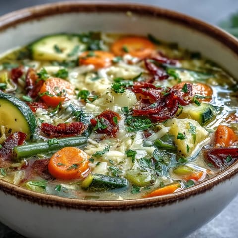 Close-up of creamy Parmesan Veggie Soup garnished with fresh parsley and extra grated cheese.