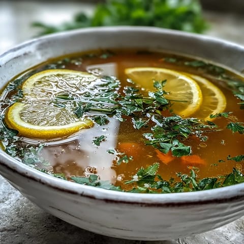 A comforting bowl of Lemon Herb Soup surrounded by fresh lemons and chopped herbs on a wooden table.