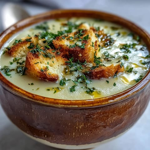 Steaming pot of Garlic and Herb Soup with golden garlic slices and potatoes.