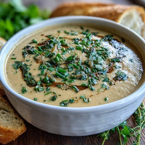 A close-up of Roasted Garlic and Herb Soup in a white bowl, garnished with fresh chives and parsley with crusty bread on the side.