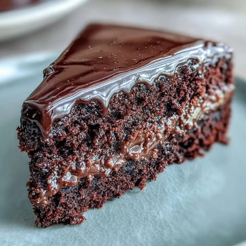 A generous slice of Easy Chocolate Fudge Cake sits on a white plate, topped with glossy chocolate icing and fresh raspberries for contrast.