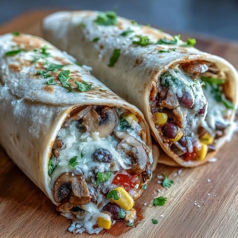 A freshly rolled veggie burrito cut in half, revealing a hearty filling of black beans, corn, and peppers.