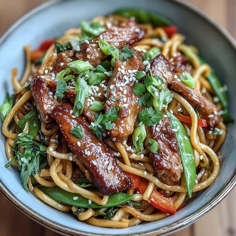 A bowl of steaming Pork Noodle Stir-Fry garnished with sesame seeds and fresh cilantro for a weeknight dinner.