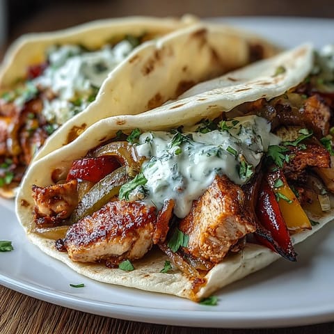 Freshly warmed flour tortillas hold the savory Easy Chicken Fajitas, topped with cilantro and lime wedges.