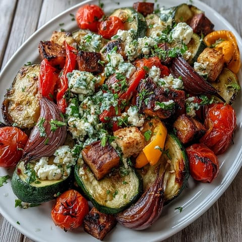 Colorful Roasted Mediterranean Greek Vegetables on a platter, featuring caramelized cherry tomatoes and zesty lemon garnish.