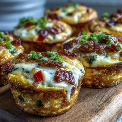 Golden-brown Breakfast Egg Muffins with melted cheddar cheese, crumbled bacon, and diced bell peppers on a white plate.