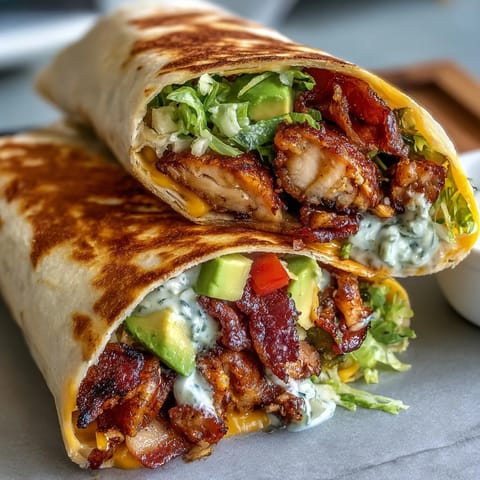 Crispy Chicken Bacon Wrap served warm on a plate, drizzled with creamy sauce and garnished with diced tomatoes and lemon wedges.