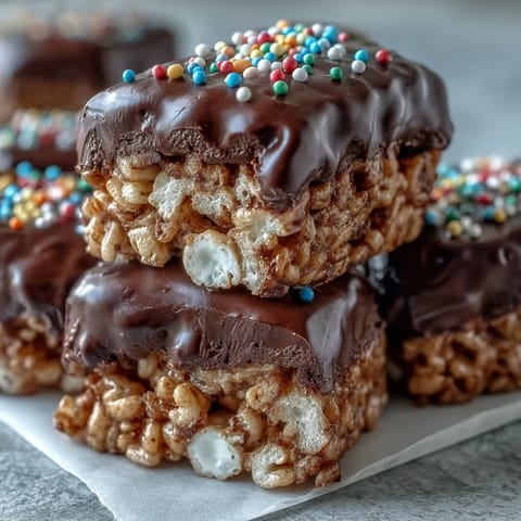 Chocolate Covered Rice Krispy Treats cut into neat bars with rainbow sprinkles on a marble board.