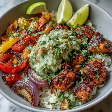 A vibrant Sheet Pan Chicken Tinga Bowl garnished with lime wedges and fresh cilantro, ready to serve.