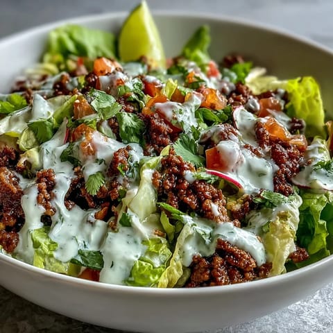 Seasoned ground beef and vibrant toppings for a Healthy Taco Bowl, drizzled with creamy lime yogurt crema for a fresh finish.