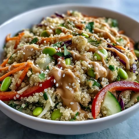 A hearty serving of Thai Coconut Quinoa Bowl featuring fluffy quinoa and crunchy purple cabbage garnish.