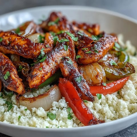 Colorful Sheet Pan Fajita Bowl topped with avocado slices, cilantro, and fresh pico de gallo.