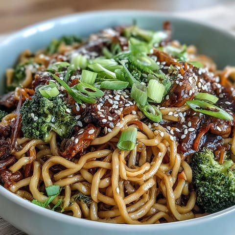 Close-up of a chopstick lifting saucy noodles from a vibrant Asian Teriyaki Noodle Bowl topped with sesame seeds.