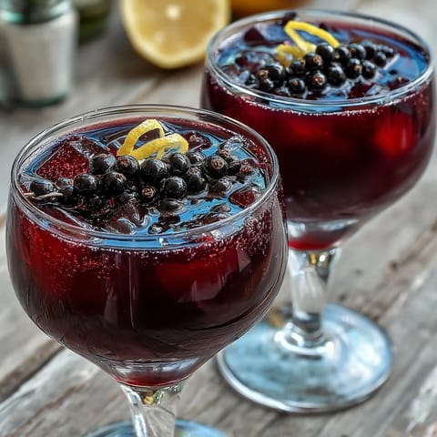 Chilled Black Currant and Cassis Cocktail poured into a crystal wine glass, garnished with fresh blackcurrants and a lemon twist on a table.
