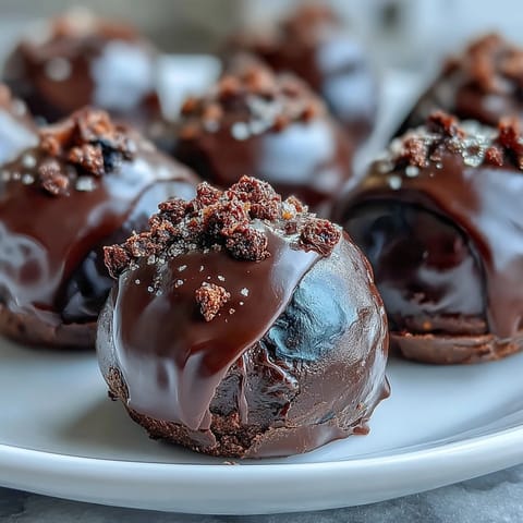 Rich Black Currant Chocolate Truffles with crushed freeze-dried fruit garnish arranged neatly on a tray.