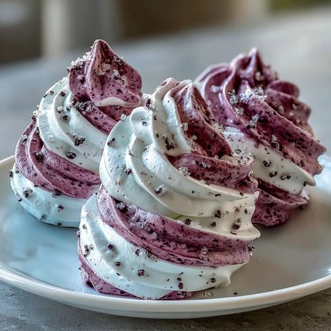 Crisp Black Currant Meringues are piped on a baking sheet, dusted with vibrant purple powder before baking.
