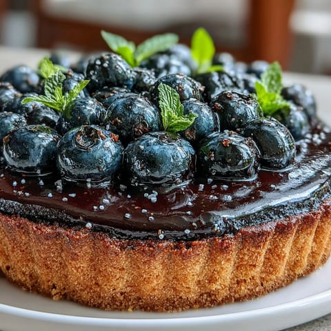 Perfectly baked Black Currant Fruit Tart in a fluted pan, filled with deep purple curd and topped with fresh mixed berries and mint.