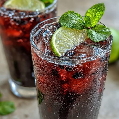A vibrant Black Currant Mocktail topped with sparkling water, mint sprigs, and lime slices.