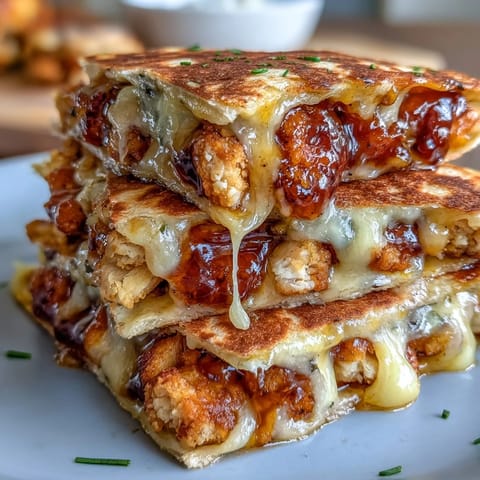 Forkful of Cheesy Hot Honey Chicken Quesadillas lifted to show stringy, melted cheese and tender chicken coated in sticky sweet and spicy glaze. Fresh cilantro garnish adds a pop of green, perfect for a quick weeknight dinner.
