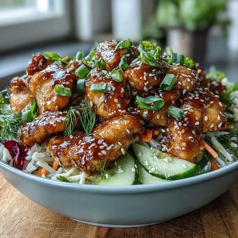 Savory Bang Bang Chicken Bowl features golden chicken pieces nestled beside shredded carrots and crisp cucumber slices.