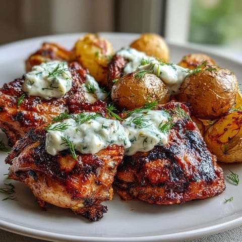 Juicy, charred chicken thighs rest beside golden-brown crispy baby potatoes on a rustic plate.
