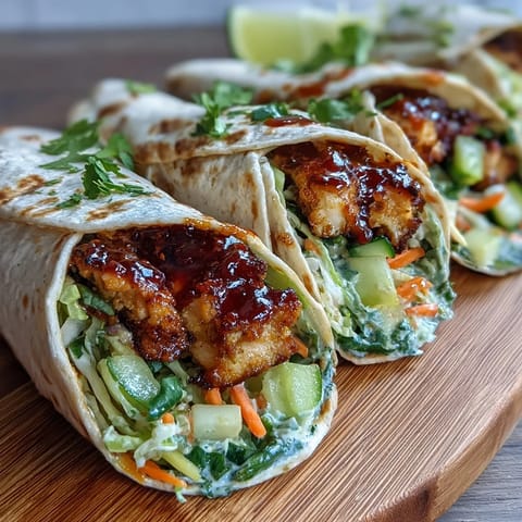 Assembled Sweet Chili Chicken Wraps sliced diagonally to reveal shredded lettuce, carrots, and cucumbers on a wooden table.