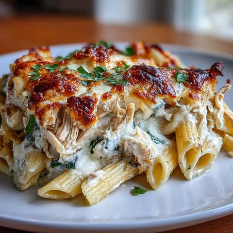 Creamy Greek Yogurt Chicken Alfredo Bake with rotisserie chicken, penne pasta, and wilted spinach on a rustic wooden table.