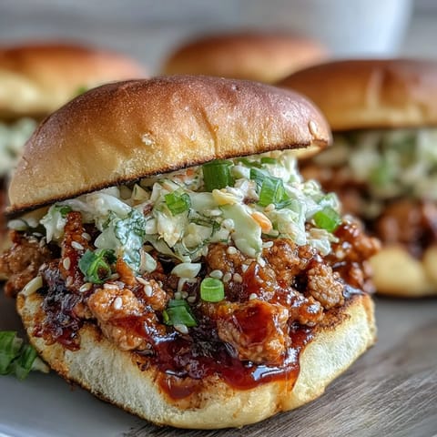 Freshly toasted slider buns hold a pile of sweet and spicy Korean Turkey Sloppy Joe Sliders, topped with creamy slaw and sesame seeds.