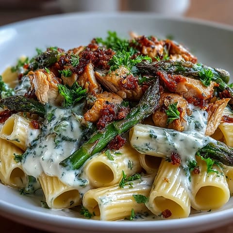 Golden, crispy Parmesan asparagus and tender chicken mingle with al dente penne in a creamy lemon sauce, garnished with fresh parsley.