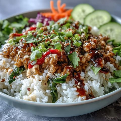 Spicy bang bang turkey rice bowls feature seasoned ground turkey, crunchy veggies, and tangy sauce.  