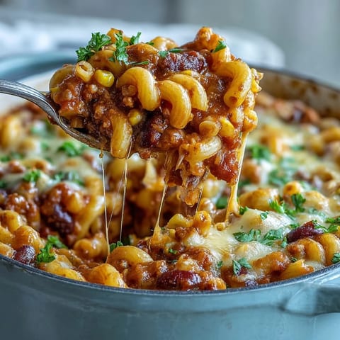 A steaming pot of One-Pot Tex-Mex Chili Mac with Corn, served with tortilla chips and sour cream.