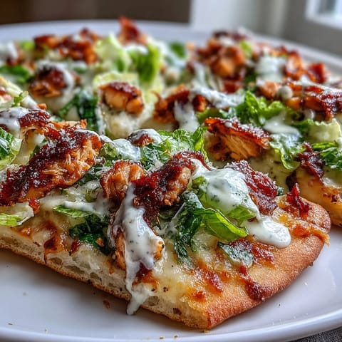 Golden-brown Garlic Naan Chicken Caesar Pizzas fresh from the oven, topped with melty mozzarella and fresh romaine.